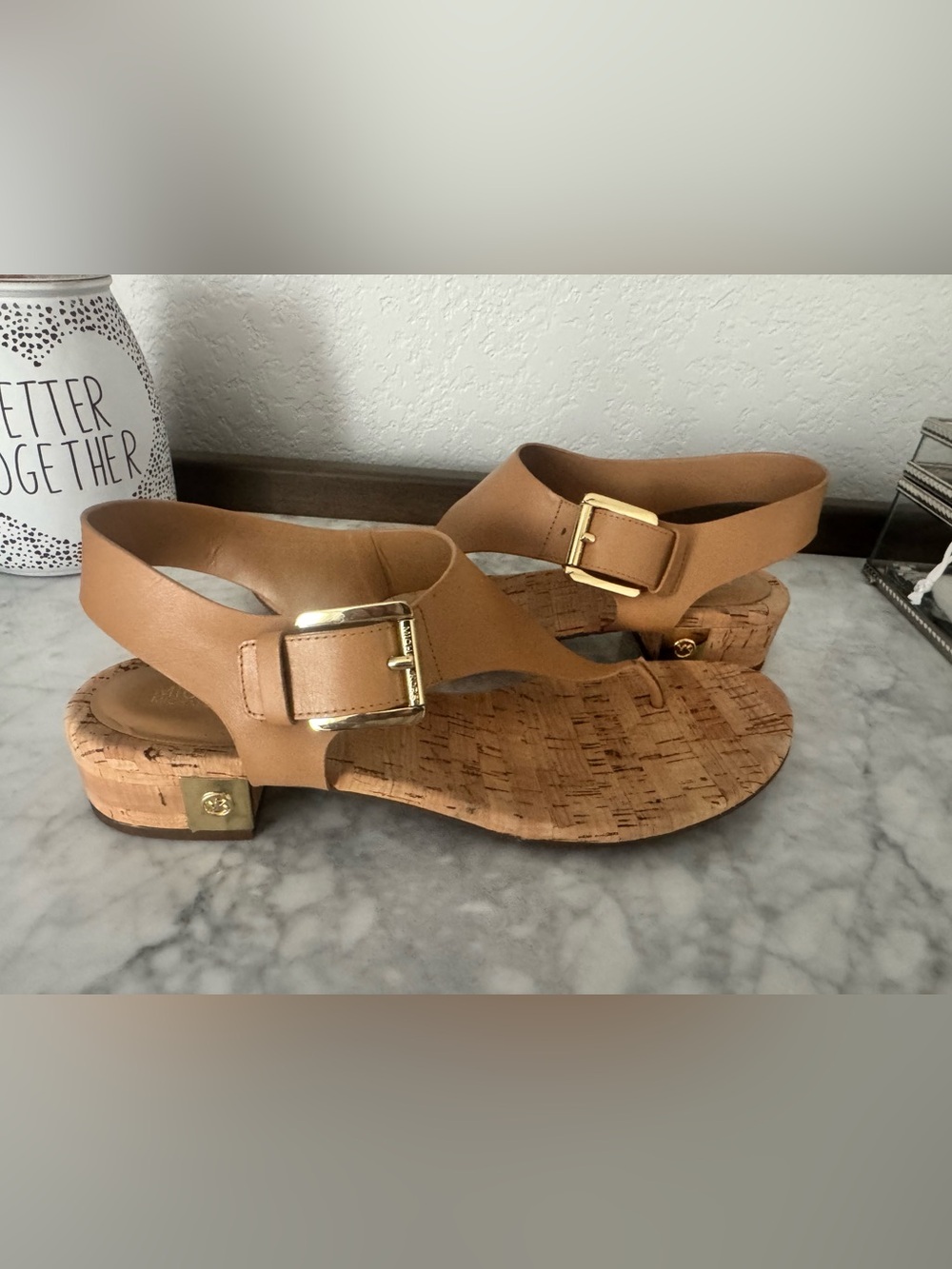 Michael Kors Tan Cork-Trim Women's Sandals with Gold Buckles